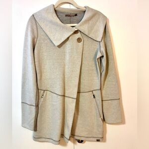 prAna Sephra Asymmetrical Recycled Wool Blend Jacket Oatmeal Gray EUC Medium